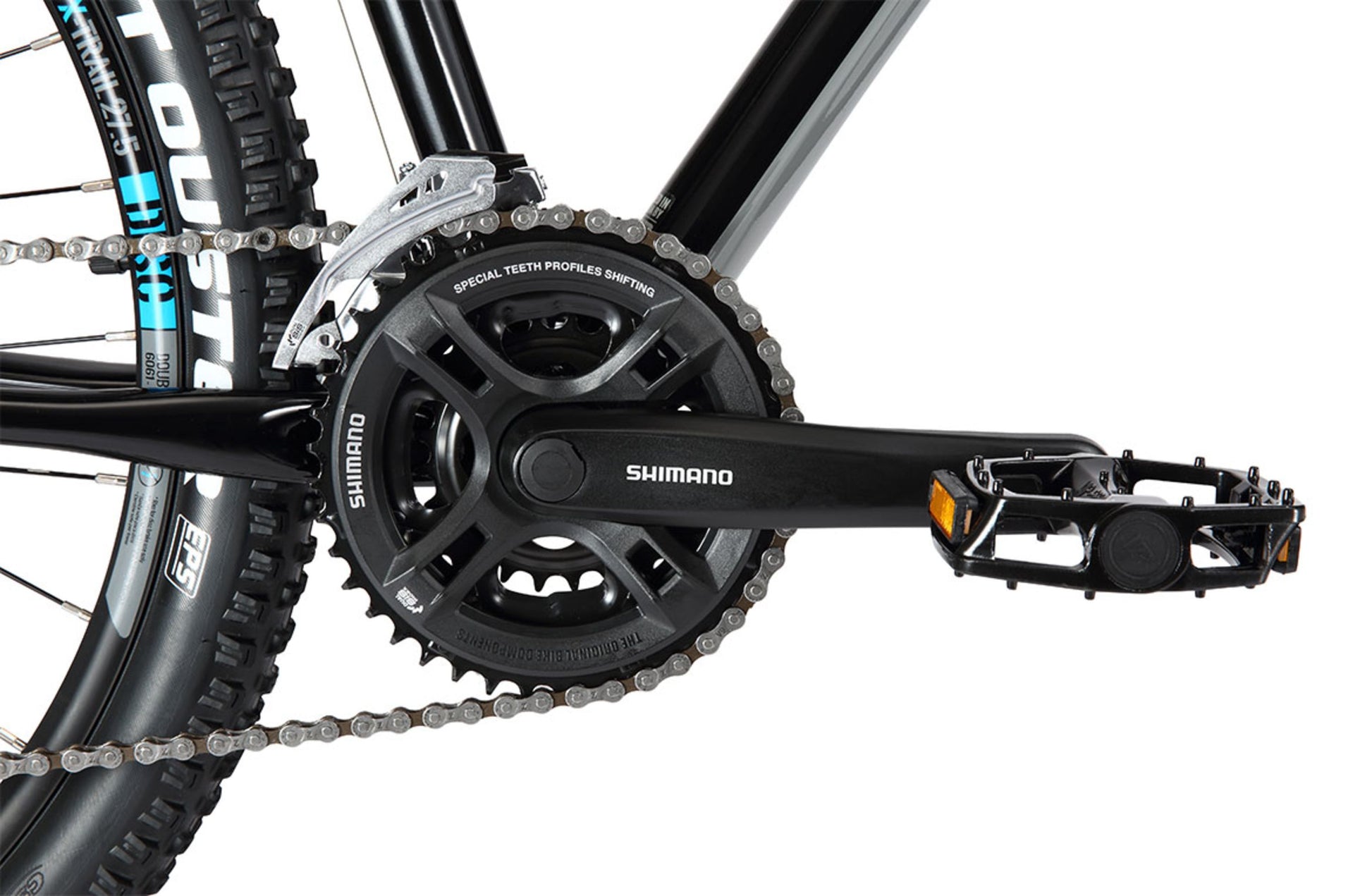 X-trail Mountain Bike in Gloss Black showing drivetrain and pedal from Reid Cycles Australia 