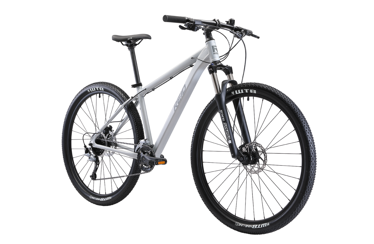 Xenon Trail Mountain Bike in grey  on front angle showing Suntour fork from Reid Cycles Australia 